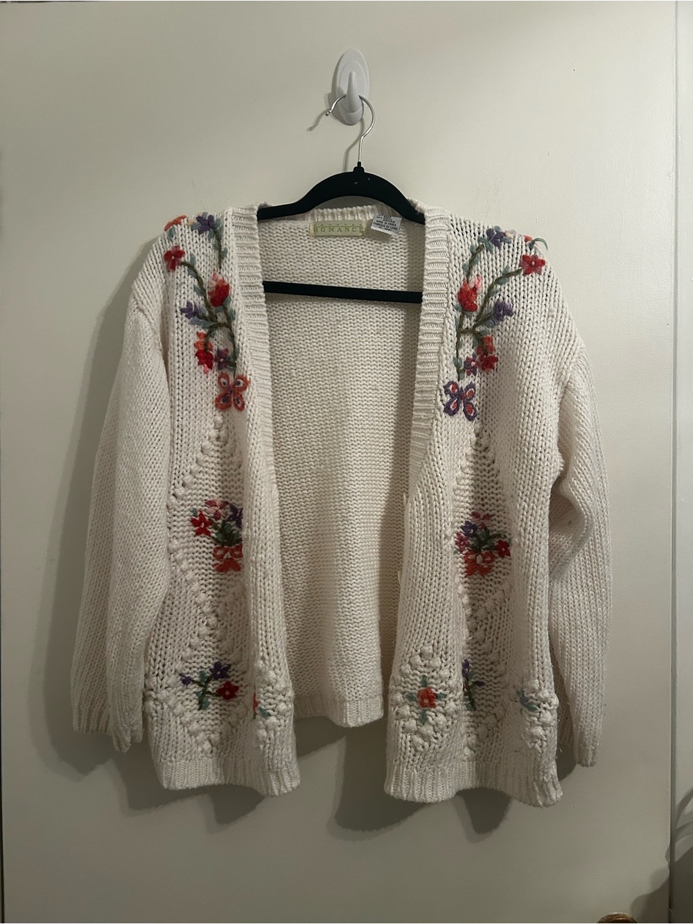 Vintage Cream Floral Embroidered Open-Front Women's Cardigan Sweater